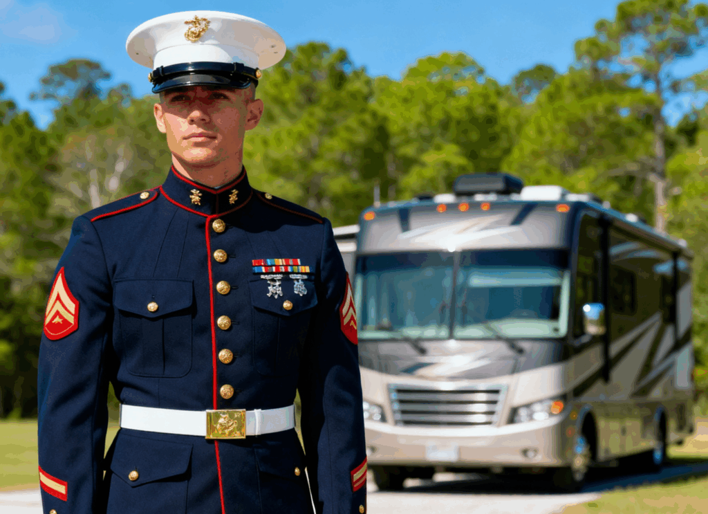 A US service person standing in front of a motorhome. Image generated using AI.